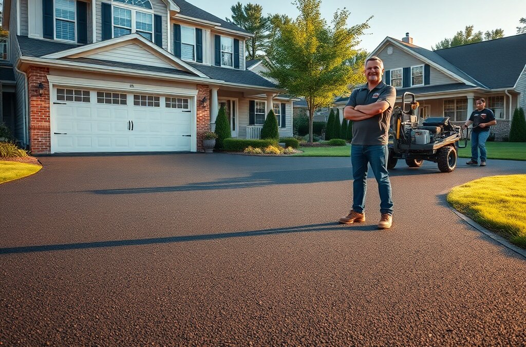 A professional paving crew completes a seamless asphalt driveway extension at a suburban Pennsylvania home, adding extra parking space and enhancing curb appeal.